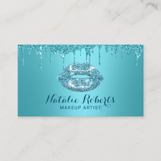 Turquoise Glitter Lips Makeup Artist Beauty Salon Visitekaartje (Voorkant)