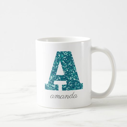 Turquoise Glitter Monogram A Persoonlijke Mok (Rechts)