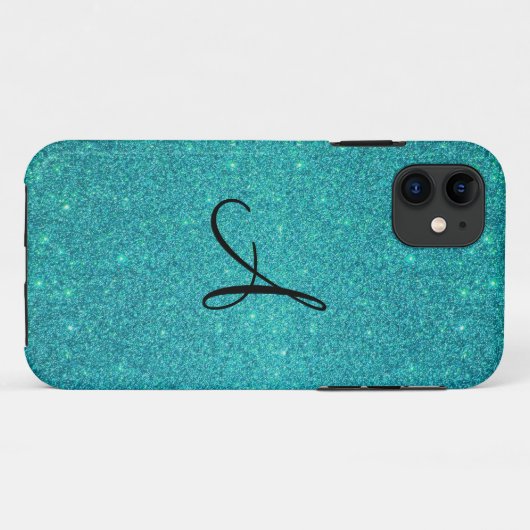Turquoise glitter monogram Case-Mate iPhone case (Achterkant (horizontaal))