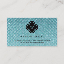 Turquoise Glitter Monogram Quatrefoil Profile Card Visitekaartje