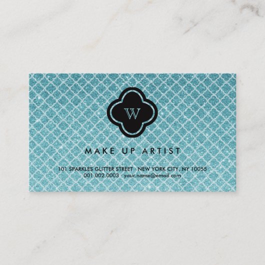 Turquoise Glitter Monogram Quatrefoil Profile Card Visitekaartje (Voorkant)