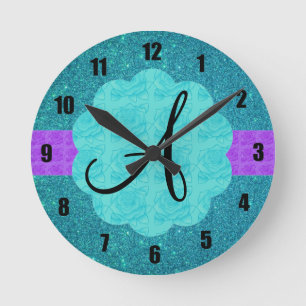 Turquoise glitter monogram ronde klok