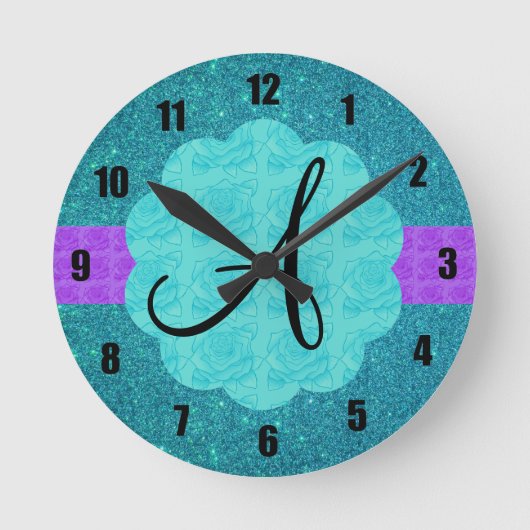 Turquoise glitter monogram ronde klok (Voorkant)