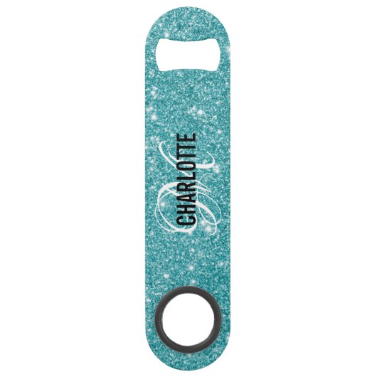 Turquoise glitter monogrammed naam speed flessenopener (Achterkant)