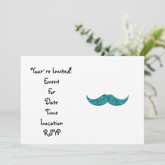 Turquoise glitter mustache kaart (Staand voorkant)