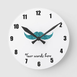 Turquoise glitter mustache ronde klok