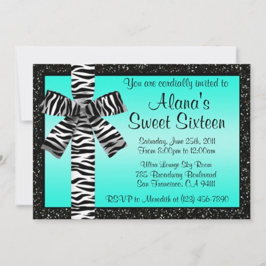 Turquoise Glitter nodigt uit met Zebra Print Bow Kaart (Voorkant)