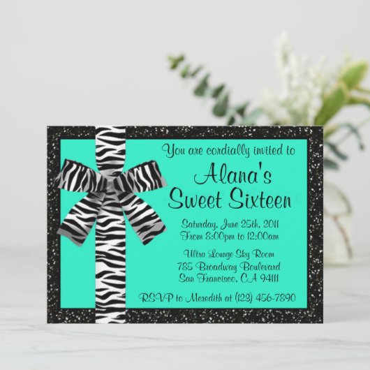 Turquoise Glitter nodigt uit met Zebra Print Bow Kaart (Staand voorkant)