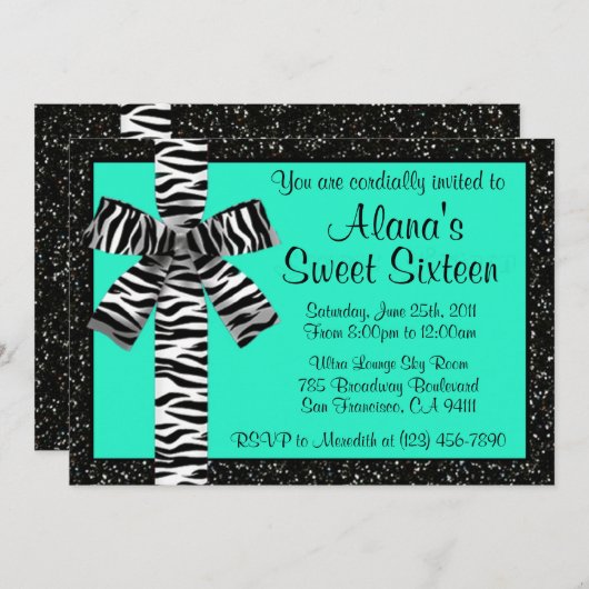 Turquoise Glitter nodigt uit met Zebra Print Bow Kaart (Voorkant / Achterkant)