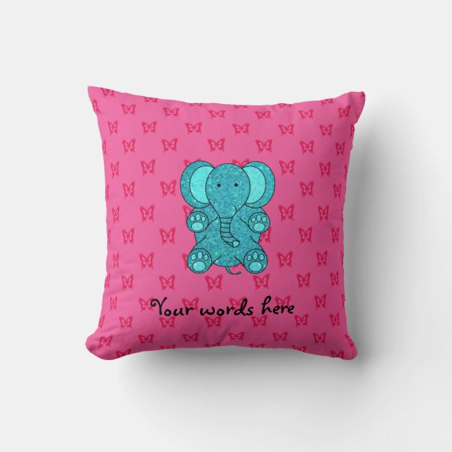 Turquoise glitter olifant roze butterfus kussen (Voorkant)