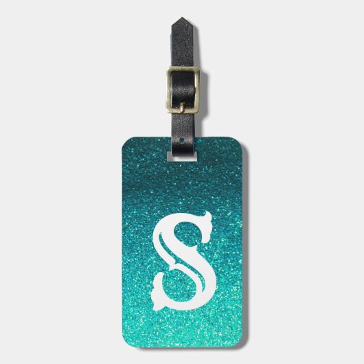 Turquoise Glitter Ombre Sparkles Glam Monogram Bagagelabel (Voorkant verticaal)
