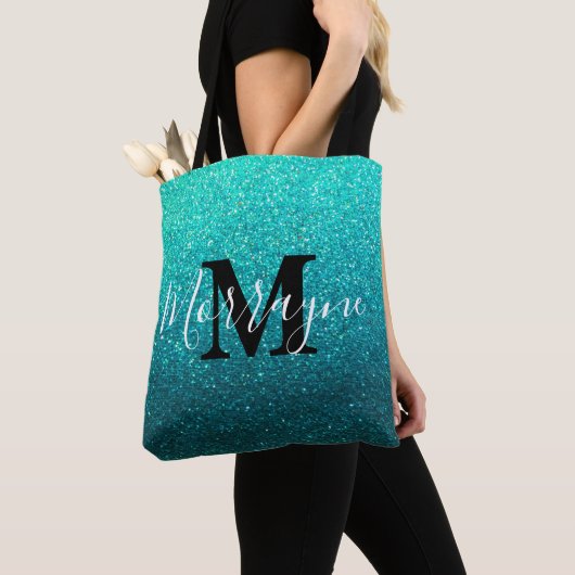 Turquoise Glitter Ombre Sparkles Metallic Monogram Tote Bag (Dichtbij)
