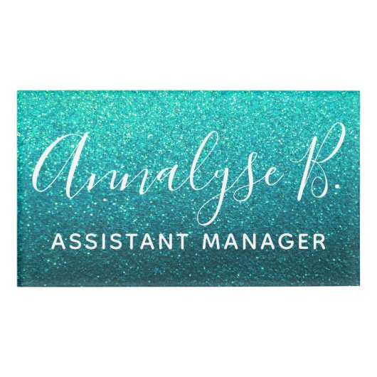 Turquoise Glitter Ombre Sparkly Name Professional Naambadge (Voorkant)