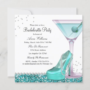 Turquoise Glitter Parel Bachelorette Feest Uitnodi Kaart
