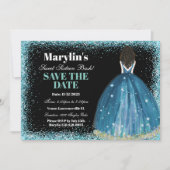 Turquoise Glitter Prinses Bash: Sweet Sixteen Save The Date (Voorkant)