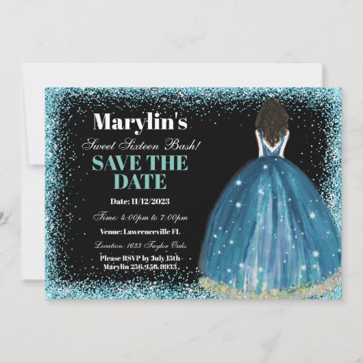 Turquoise Glitter Prinses Bash: Sweet Sixteen Save The Date (Voorkant)