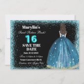 Turquoise Glitter Prinses Extravaganza Ballgown Save The Date (Voorkant)