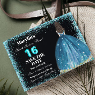 Turquoise Glitter Prinses Extravaganza Ballgown Save The Date