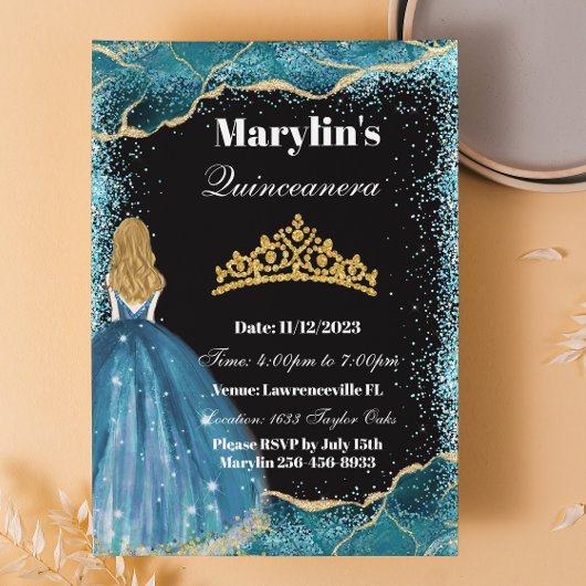 Turquoise Glitter Prinses Quinceañera Ballgown Kaart