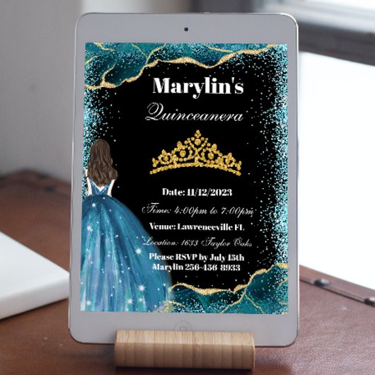 Turquoise Glitter Prinses Quinceañera Ballgown Kaart