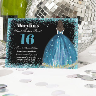 Turquoise Glitter Prinses Sweet 16 Ballgown Kaart
