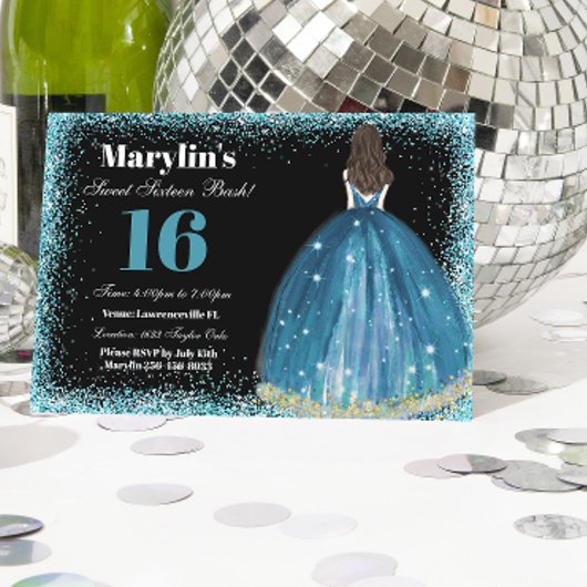 Turquoise Glitter Prinses Sweet 16 Ballgown Kaart