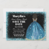 Turquoise Glitter Prinses Sweet Sixteen Bash Save The Date (Voorkant)