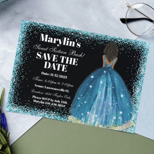 Turquoise Glitter Prinses Sweet Sixteen Bash Save The Date