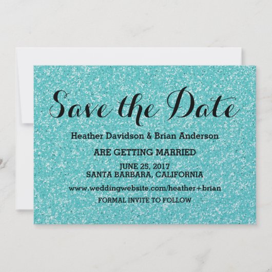 Turquoise Glitter Save the Date Uitnodiging (Voorkant)