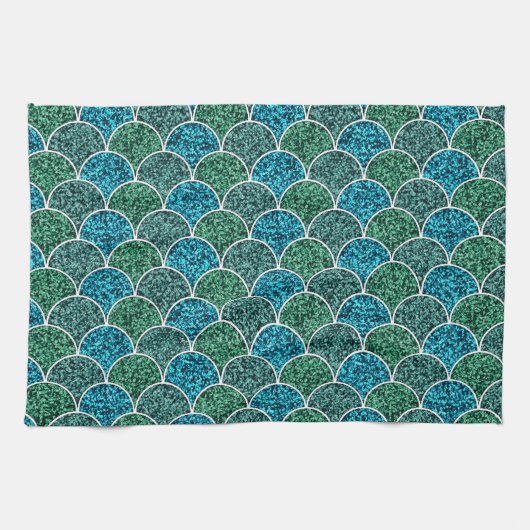 Turquoise Glitter Scales Pattern Theedoek (Horizontaal)