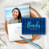 Turquoise glitter script afstudeerder foto navy st bedankkaart