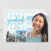 Turquoise glitter script afstuderen foto collage kaart (Voorkant)