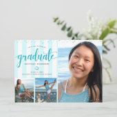Turquoise glitter script afstuderen foto collage kaart (Staand voorkant)