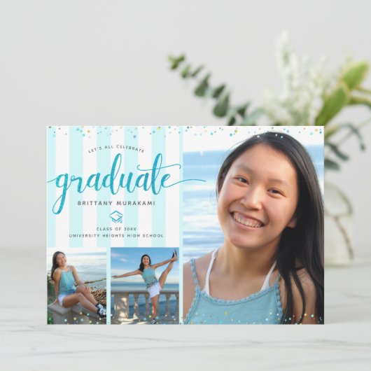 Turquoise glitter script afstuderen foto collage kaart (Staand voorkant)