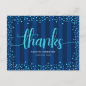 Turquoise glitter script afstuderen navy bedankt briefkaart (Voorkant)