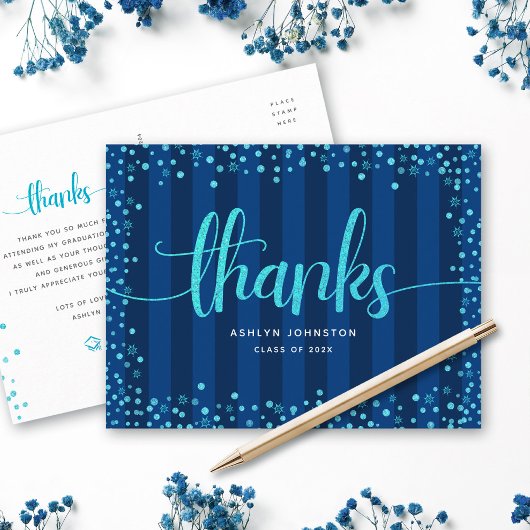Turquoise glitter script afstuderen navy bedankt briefkaart