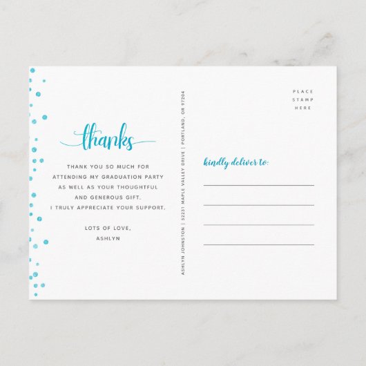 Turquoise glitter script chic afstuderen bedankt briefkaart (Achterkant)