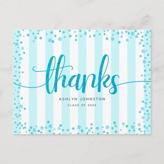 Turquoise glitter script chic afstuderen bedankt briefkaart (Voorkant)
