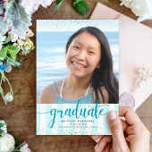 Turquoise glitter script foto afstuderen modern aankondiging