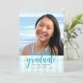 Turquoise glitter script foto afstuderen modern aankondiging (Staand voorkant)