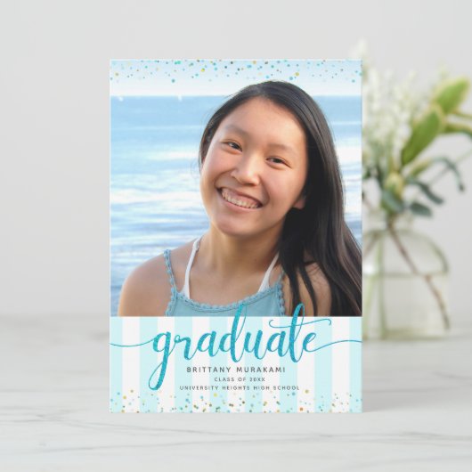 Turquoise glitter script foto afstuderen modern aankondiging (Staand voorkant)