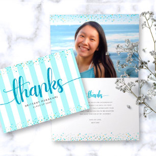 Turquoise glitter script modern afstuderen foto bedankkaart