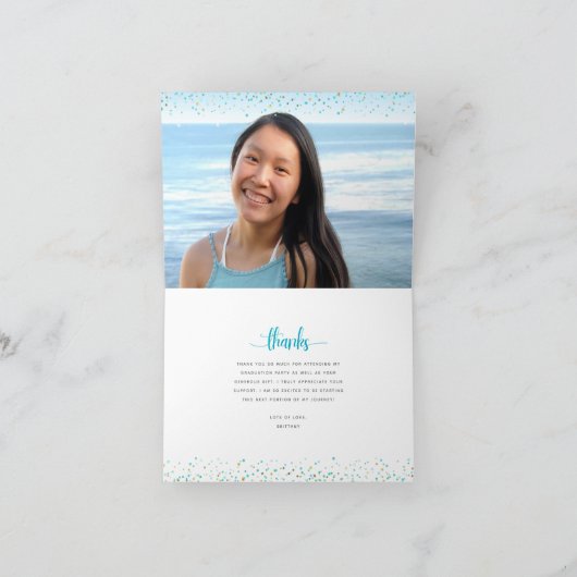 Turquoise glitter script modern afstuderen foto bedankkaart (Binnen)