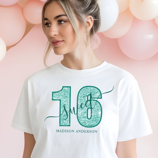Turquoise Glitter Script Sweet 16 Verjaardag Tri-Blend Shirt