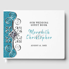 Turquoise Glitter Silver Bling Wedding Guest Book Gastenboek
