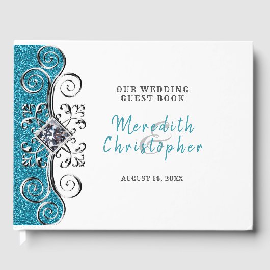 Turquoise Glitter Silver Bling Wedding Guest Book Gastenboek (Voorkant)