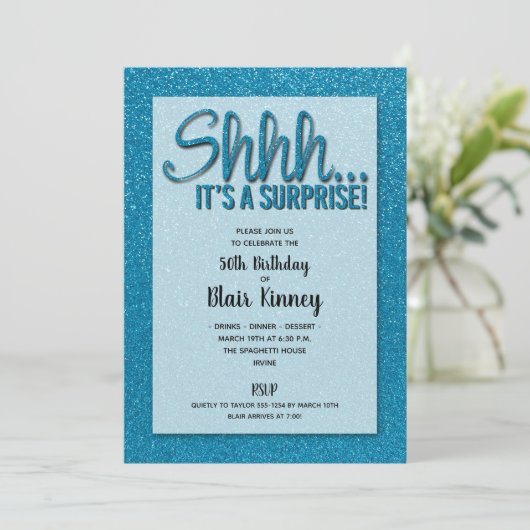 Turquoise Glitter SURPRISE Birthday Invitation (Staand voorkant)