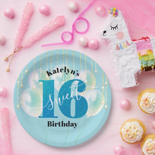Turquoise Glitter Sweet 16 Verjaardag Ballon Scrip Papieren Bordje (Feest)