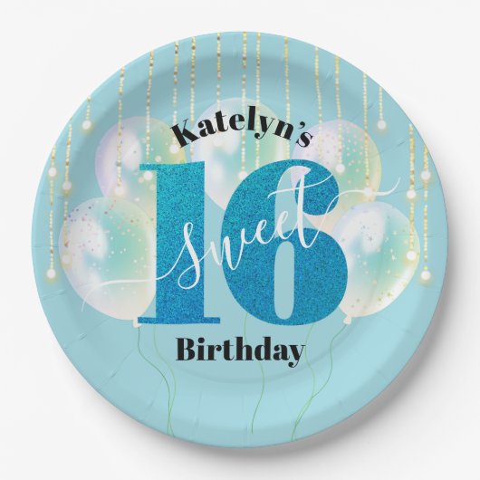 Turquoise Glitter Sweet 16 Verjaardag Ballon Scrip Papieren Bordje (Voorkant)