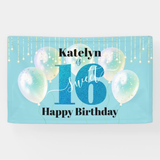 Turquoise Glitter Sweet 16 Verjaardag Ballon Scrip Spandoek (Horizontaal)